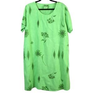 Vintage 90s Green LINEN Casual Dress Floral Cotton Stuff Classics Large USA